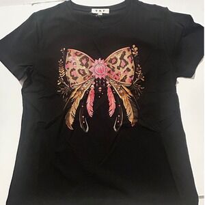 Y&F Women Black Graphic Tee Leopard Bow Rhinestone Feather S/M NEW Boho Glam